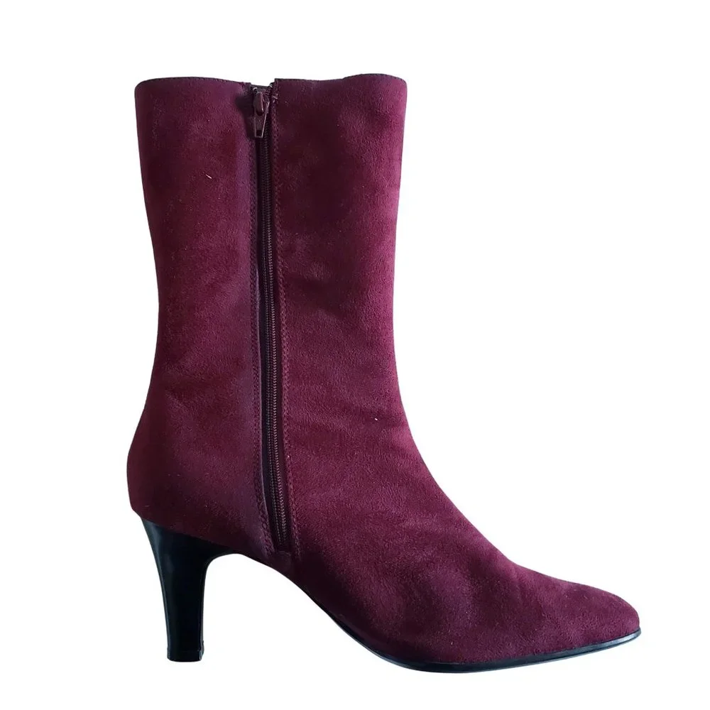 Vintage Predictions Y2K Wine Red Vegan Suede Pointed Toe Low Heel Boots 8 - Picture 3 of 8